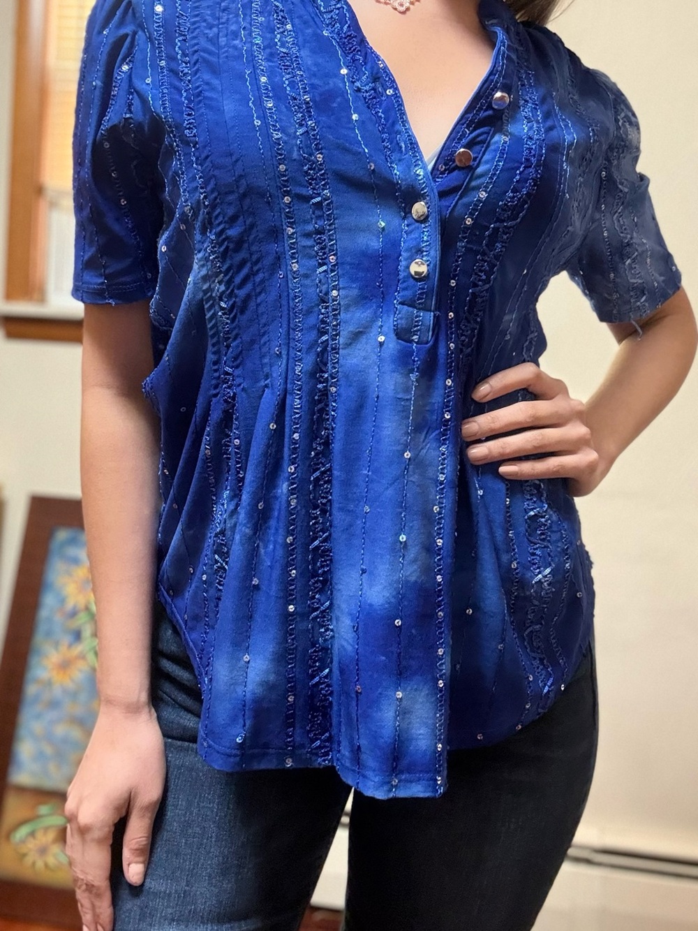 Coral Bay Royal Blue Sequin-Trim Button Front Blouse